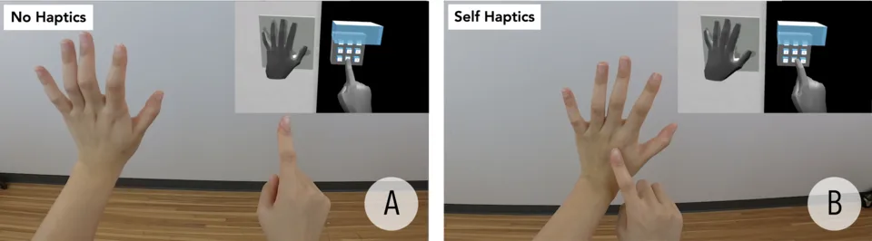 Retargeted Self-Haptics for Increased Immersion in VR without Instrumentation